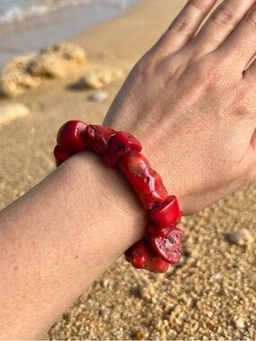 Chunky Red Coral Nugget Stretch Bracelet Size 6